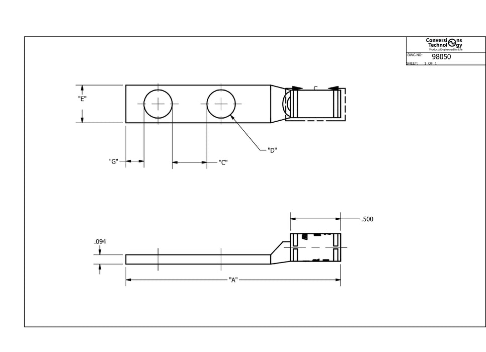 Conversions Technology Copper Short Barrel Two Hole Compression Lugs 1/0 AWG 1/4-inch Bolt Size