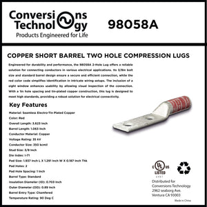 Conversions Technology Copper Short Barrel Two Hole Compression Lugs 350 MCM 3/8-inch Bolt Size