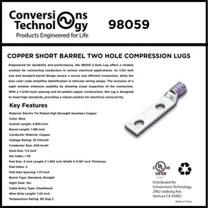 Conversions Technology Copper Short Barrel Two Hole Compression Lugs 400 MCM 1/2-inch Bolt Size