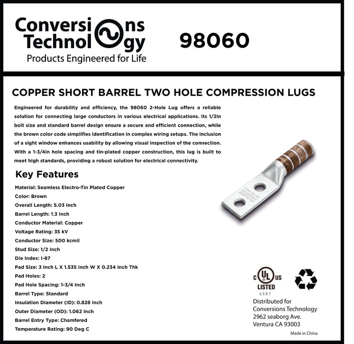 Conversions Technology Copper Short Barrel Two Hole Compression Lugs 500 MCM 1/2-inch Bolt Size