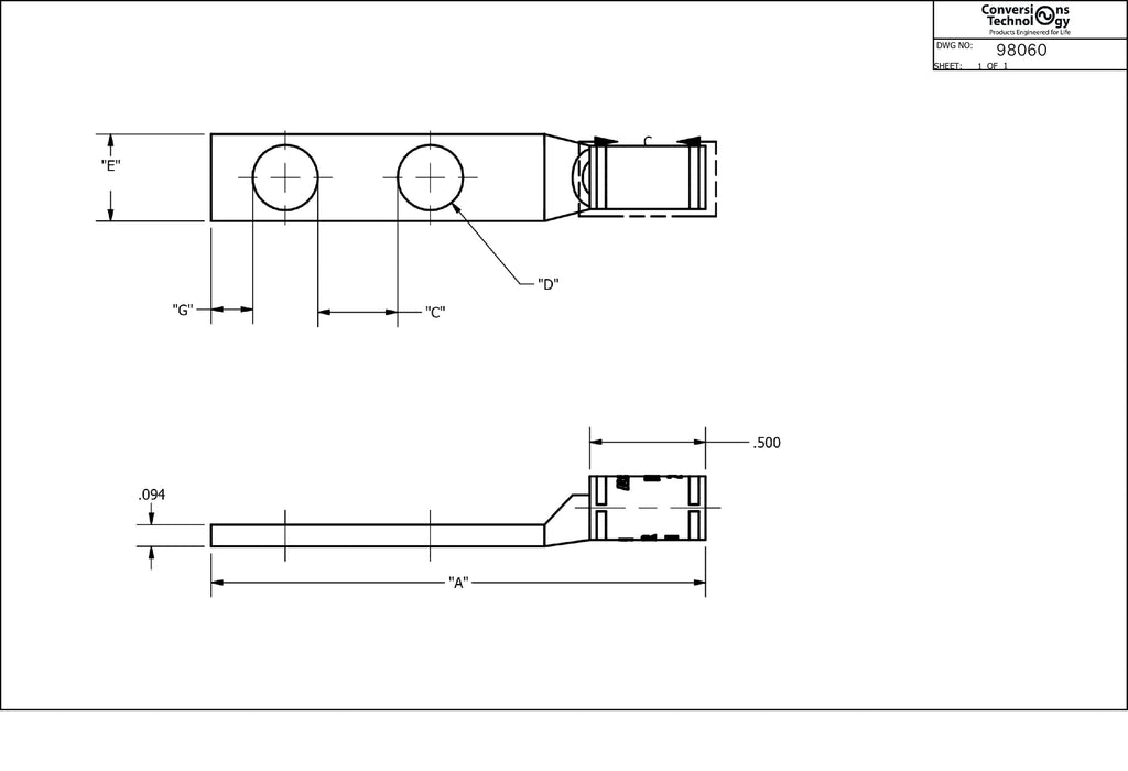 Conversions Technology Copper Short Barrel Two Hole Compression Lugs 500 MCM 1/2-inch Bolt Size