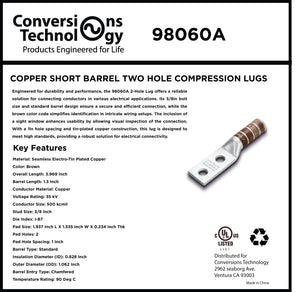 Conversions Technology Copper Short Barrel Two Hole Compression Lugs 500 MCM 3/8-inch Bolt Size