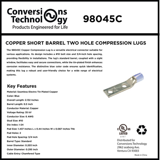 Conversions Technology Copper Short Barrel Two Hole Compression Lugs 6 AWG #10 Bolt Size