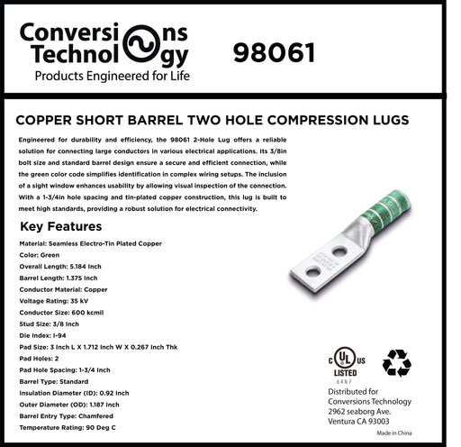 Conversions Technology Copper Short Barrel Two Hole Compression Lugs 600 MCM 3/8-inch Bolt Size