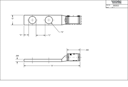 Conversions Technology Copper Short Barrel Two Hole Compression Lugs 750 MCM 1/2-inch Bolt Size