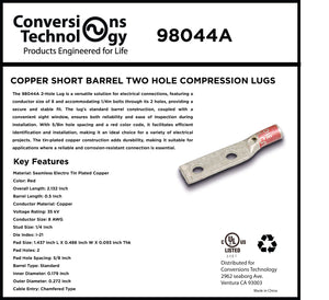 Conversions Technology Copper Short Barrel Two Hole Compression Lugs 8 AWG #10 Bolt Size