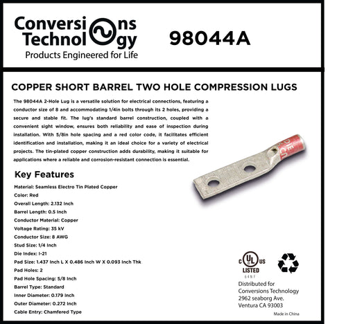 Conversions Technology Copper Short Barrel Two Hole Compression Lugs 8 AWG #10 Bolt Size