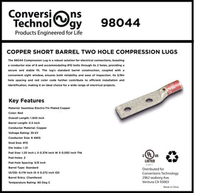 Conversions Technology Copper Short Barrel Two Hole Compression Lugs 8 AWG #10 Bolt Size