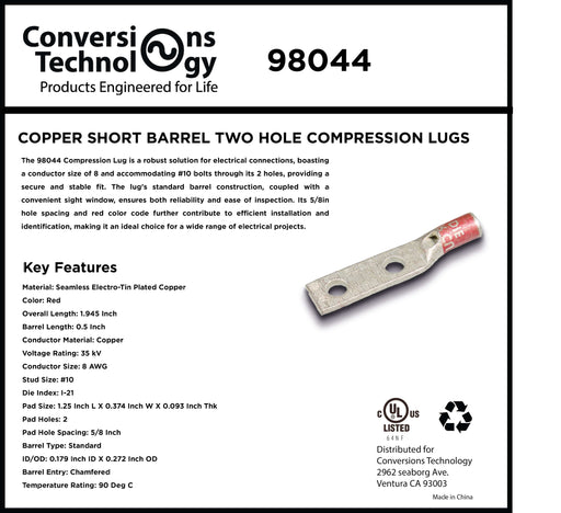 Conversions Technology Copper Short Barrel Two Hole Compression Lugs 8 AWG #10 Bolt Size