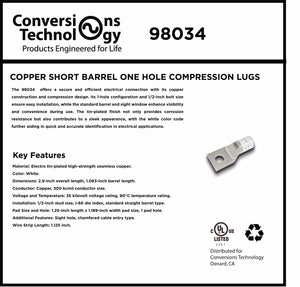 Conversions Tech Copper Standard Barrel One Hole Compression Lugs 300 MCM 1/2-inch Bolt Size