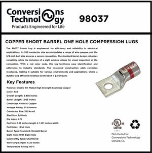 Conversions Tech Copper Standard Barrel One Hole Compression Lugs 350 MCM 5/8-inch Bolt Size