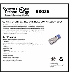Conversions Tech Copper Standard Barrel One Hole Compression Lugs 400 MCM 5/8-inch Bolt Size