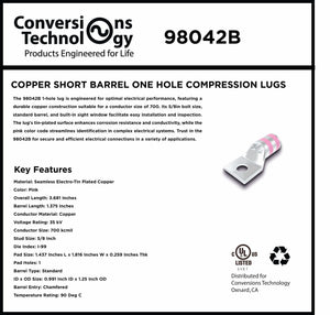 Conversions Tech Copper Standard Barrel One Hole Compression Lugs 700 MCM 5/8-inch Bolt Size