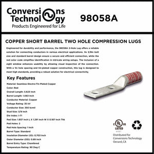 Conversions Tech Copper Standard Barrel Two Hole Compression Lugs 350 MCM 3/8-inch Bolt Size