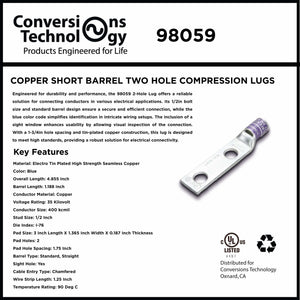 Conversions Tech Copper Standard Barrel Two Hole Compression Lugs 400 MCM 1/2-inch Bolt Size