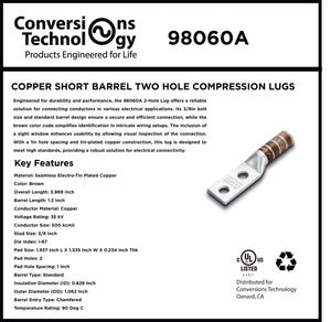 Conversions Tech Copper Standard Barrel Two Hole Compression Lugs 500 MCM 3/8-inch Bolt Size
