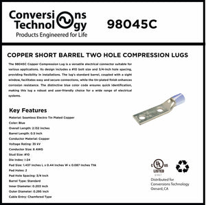 Conversions Tech Electrical > Connectors > Compression Lugs Copper Standard Barrel Two Hole Compression Lugs 6 AWG #10 Bolt Size, 25-Pack | 35