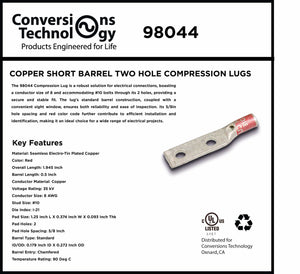 Conversions Tech Electrical > Connectors > Compression Lugs Copper Standard Barrel Two Hole Compression Lugs 8 AWG #10 Bolt Size, 25-Pack