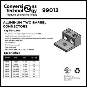 Conversions Tech Connectors CT-T2H1-1/0A Mechanical Lug — 2-Conductor 1-Hole Dual-Rated AL/CU (2) 14 AWG–1/0 AWG 1/4in Stud