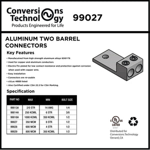 Conversions Tech CT-T2H1-350 Mechanical Lug — 2-Conductor 1-Hole Dual-Rated AL/CU (2) 6 AWG–350 kcmil 1/2in Bolt