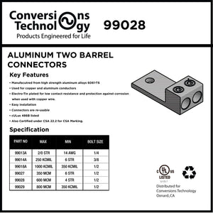 Conversions Tech CT-T2H1-600 Mechanical Lug — 2-Conductor 1-Hole Dual-Rated AL/CU (2) 4 AWG–600 kcmil 1/2in Stud