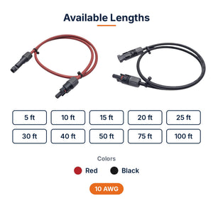 Conversions Tech Solar > PV Wire Custom MC4 Jumper Cable, 10 AWG PV Wire | Male to Female, 1500 V DC 30 A, UL 4703, Cut to Length 5–100 ft | 4904-CUSTOM