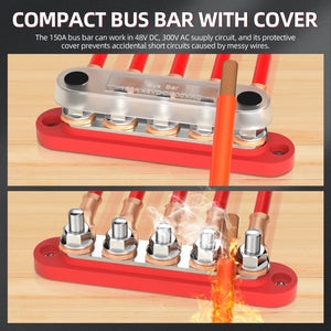 Conversions Tech DaierTek Bus Bar 12V Power Distribution Block with Cover 5 x 1/4" Studs Terminal Block Max 150A 48VDC Positive Negative for Auto