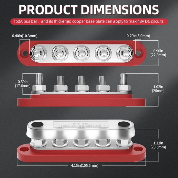 Conversions Tech DaierTek Bus Bar 12V Power Distribution Block with Cover 5 x 1/4" Studs Terminal Block Max 150A 48VDC Positive Negative for Auto