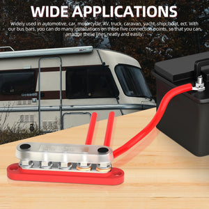 Conversions Tech DaierTek Bus Bar 12V Power Distribution Block with Cover 5 x 1/4" Studs Terminal Block Max 150A 48VDC Positive Negative for Auto