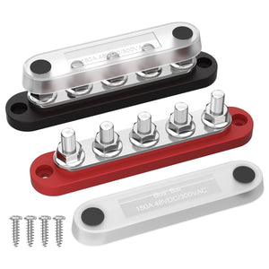 Conversions Tech DaierTek Bus Bar 12V Power Distribution Block with Cover 5 x 1/4" Studs Terminal Block Max 150A 48VDC Positive Negative for Auto