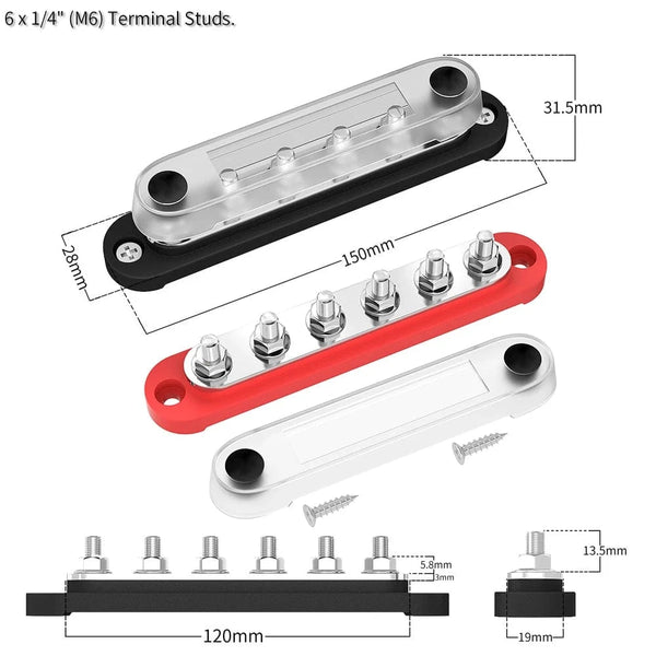 Conversions Tech 2PCS 6XM6 DaierTek Car Terminal Block Negative Bus Bar 12V 150A Terminal Block 12V Power Distribution Block M8 Termianl Bus for Automotive