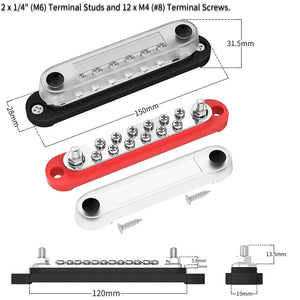 Conversions Tech 2PCS 2XM6 and 12XM4 DaierTek Car Terminal Block Negative Bus Bar 12V 150A Terminal Block 12V Power Distribution Block M8 Termianl Bus for Automotive