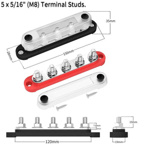 Conversions Tech 2PCS 5XM8 DaierTek Car Terminal Block Negative Bus Bar 12V 150A Terminal Block 12V Power Distribution Block M8 Termianl Bus for Automotive