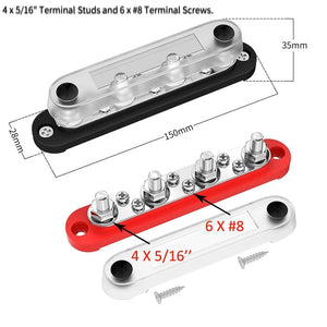 Conversions Tech 2PCS 4XM8 and 6XM4 DaierTek Car Terminal Block Negative Bus Bar 12V 150A Terminal Block 12V Power Distribution Block M8 Termianl Bus for Automotive