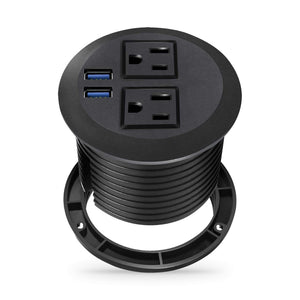 Conversions Tech Embedded Power Desk Power Grommet, Round, Black | 2 AC, 2 USB-A, 3-1/8 in Cutout | 1666-003