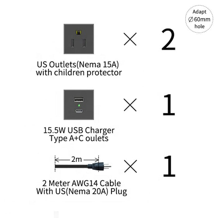 Theta® Pop-Up Power Desktop Pop up power, 2AC, USB-A, USB-C; White/Silver Finish