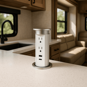 Conversions Tech Pop-Up Power Desktop Pop up power, 2AC, USB-A, USB-C; White/Silver Finish