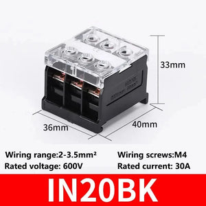 Conversions Tech IN20BK / 1Pcs DIN Rail Terminal Block IN411S IN30BK IN12BK High power split type junction box Wire connectors Copper terminal block 600V 30A