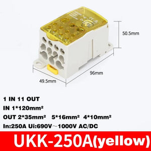 Conversions Tech UKK-250A yellow Din Rail Terminal Block UKK 80A/125A/160A/250A/400A Distribution Box One In Several Out Unipolar Junction Box wire Connector