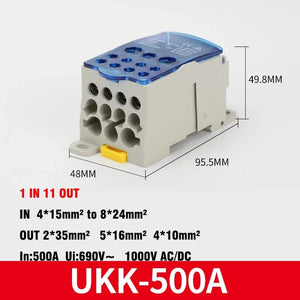 Conversions Tech UKK-500A blue Din Rail Terminal Block UKK 80A/125A/160A/250A/400A Distribution Box One In Several Out Unipolar Junction Box wire Connector