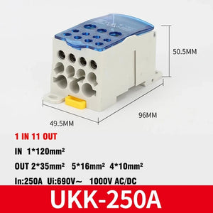 Conversions Tech UKK-250A blue Din Rail Terminal Block UKK 80A/125A/160A/250A/400A Distribution Box One In Several Out Unipolar Junction Box wire Connector