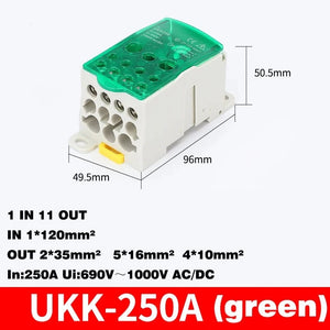Conversions Tech UKK-250A green Din Rail Terminal Block UKK 80A/125A/160A/250A/400A Distribution Box One In Several Out Unipolar Junction Box wire Connector