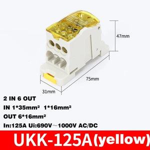 Conversions Tech UKK-125A yellow Din Rail Terminal Block UKK 80A/125A/160A/250A/400A Distribution Box One In Several Out Unipolar Junction Box wire Connector