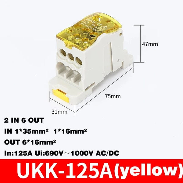Conversions Tech UKK-125A yellow Din Rail Terminal Block UKK 80A/125A/160A/250A/400A Distribution Box One In Several Out Unipolar Junction Box wire Connector