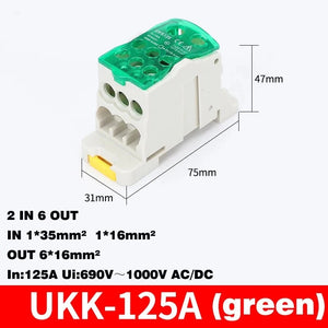 Conversions Tech UKK-125A green Din Rail Terminal Block UKK 80A/125A/160A/250A/400A Distribution Box One In Several Out Unipolar Junction Box wire Connector