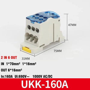 Conversions Tech UKK-160A blue Din Rail Terminal Block UKK 80A/125A/160A/250A/400A Distribution Box One In Several Out Unipolar Junction Box wire Connector