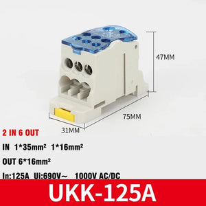 Conversions Tech UKK-125A blue Din Rail Terminal Block UKK 80A/125A/160A/250A/400A Distribution Box One In Several Out Unipolar Junction Box wire Connector