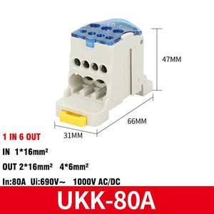 Conversions Tech UKK-80A blue Din Rail Terminal Block UKK 80A/125A/160A/250A/400A Distribution Box One In Several Out Unipolar Junction Box wire Connector