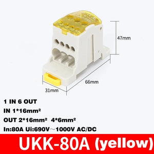 Conversions Tech UKK-80A yellow Din Rail Terminal Block UKK 80A/125A/160A/250A/400A Distribution Box One In Several Out Unipolar Junction Box wire Connector