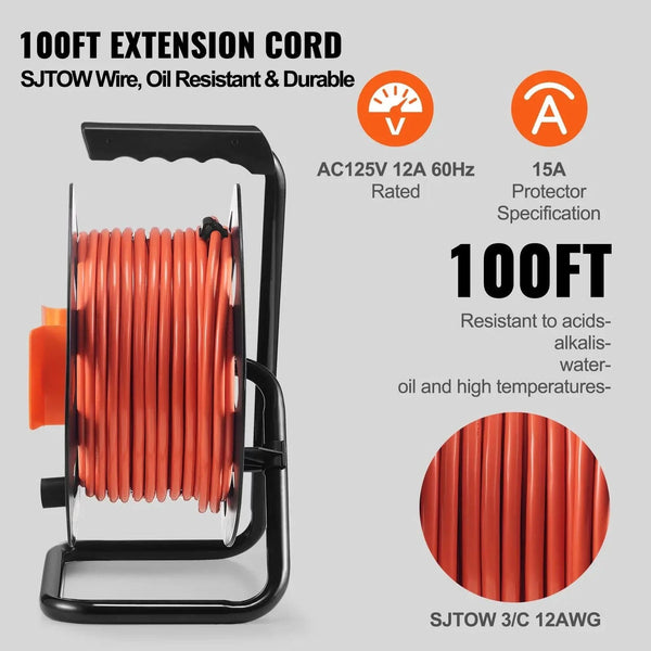 Conversions Tech Default Extension Cord Reel, 100FT, with 4 Outlets and Dust Cover, Heavy Duty 12AWG SJTOW Power Cord, Manual Cord Reel with Portable Han